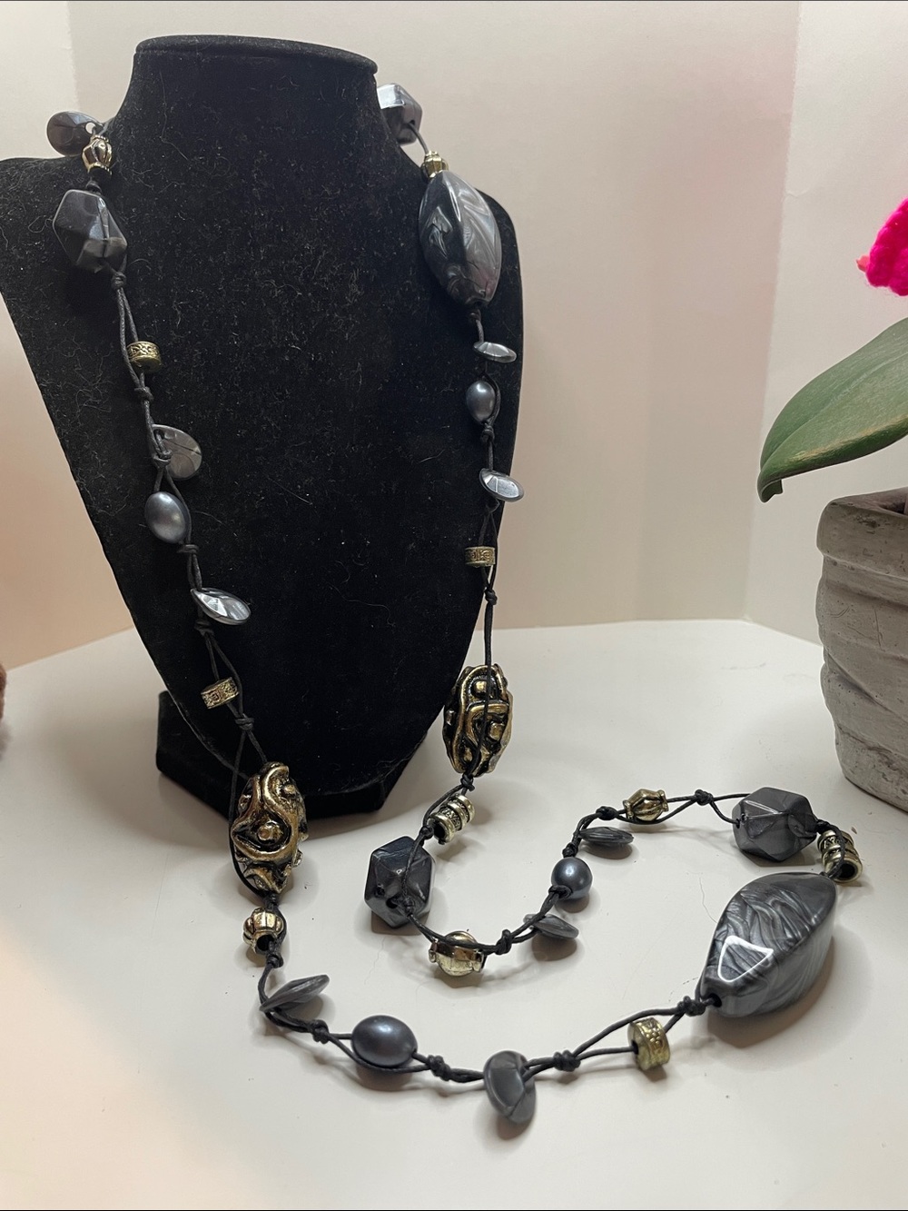 Long Handmade Necklace with Plastic Beads